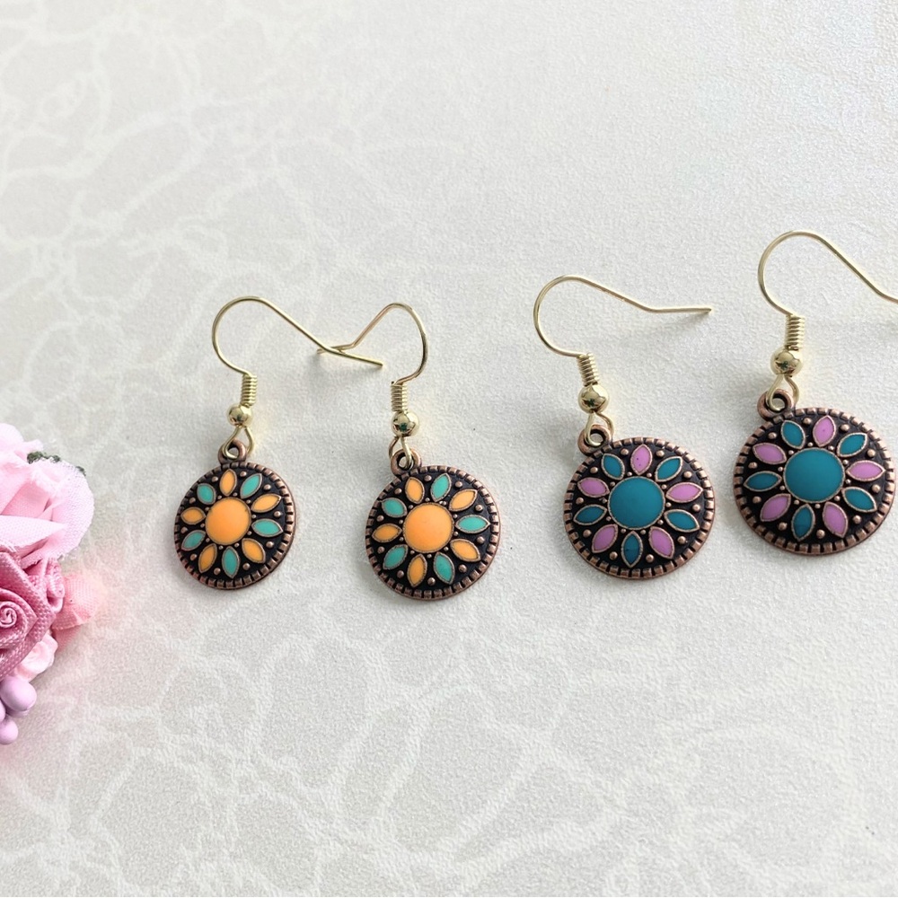 Boho Sunburst Drop Earrings in Teal, Purple & Orange - 2 pairs